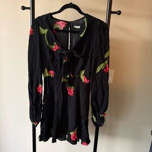 Reformation Black Dress with Red and Green Details long sleeve floral
